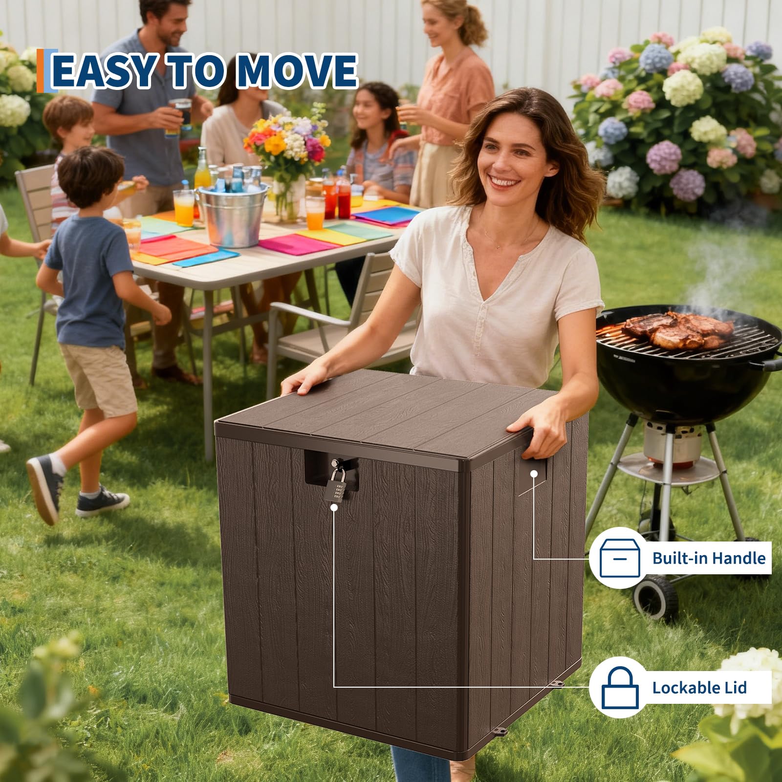 Coffre de jardin Garvee 28 gallons en résine - Résistant aux intempéries et aux UV - Verrouillable et portable - Marron - Pour jardin et terrasse