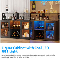 Meuble bar à vin Garvee avec casier à bouteilles, éclairage LED RGB, station de recharge, étagères réglables, bois, sur pied pour cuisine et salon