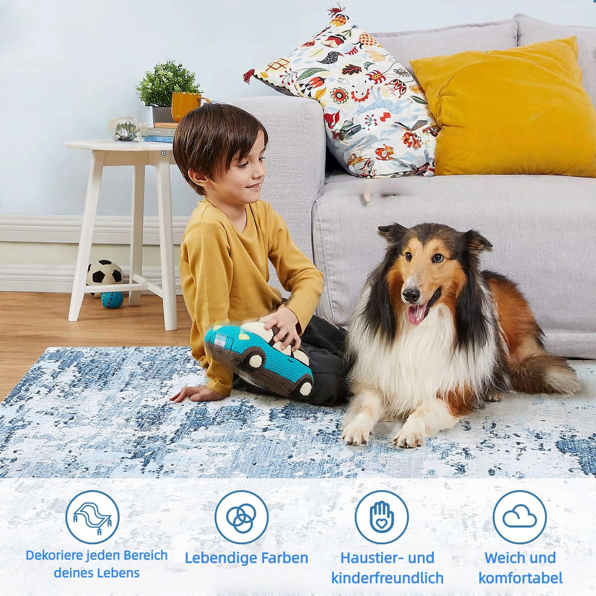 Garvee tapis antidérapant lavable 200 × 290 cm design abstrait moderne pour salon et chambre, bleu clair