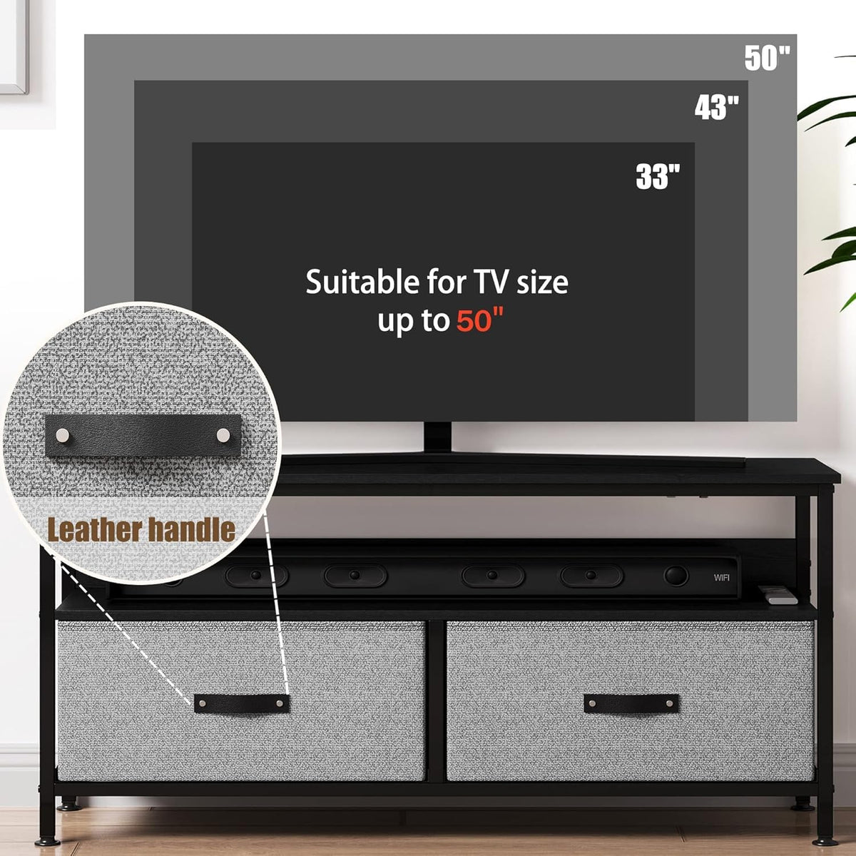 Garvee Meuble TV 99 cm pour téléviseurs jusqu'à 127 cm avec 2 tiroirs en tissu et une étagère ouverte, pour salon et chambre, structure en métal noir, plateau en bois, pieds réglables
