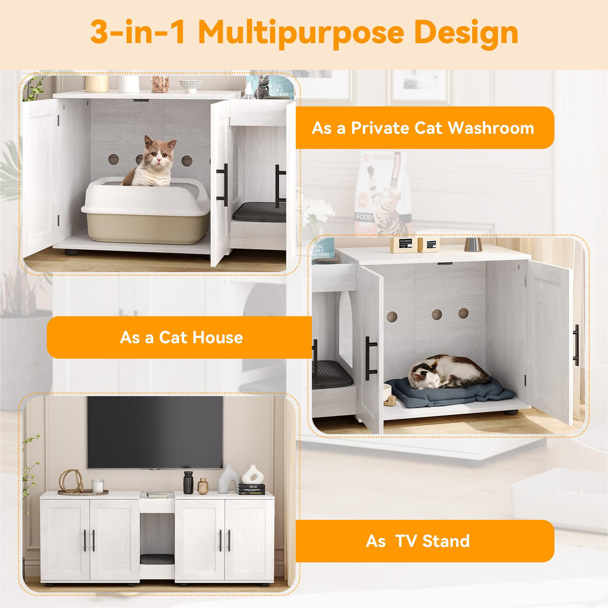 Garvee Enclos pour chat à double pièce avec mobilier intégré pour salon, 140cm (139,7cm) de long, blanc
