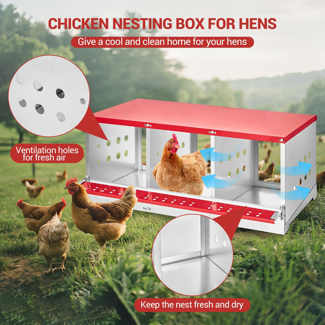Garvee Nichoir métallique pour poules et canards, à 3 compartiments, Acier galvanisé, ventilé, antirouille, peu encombrant et facile à nettoyer