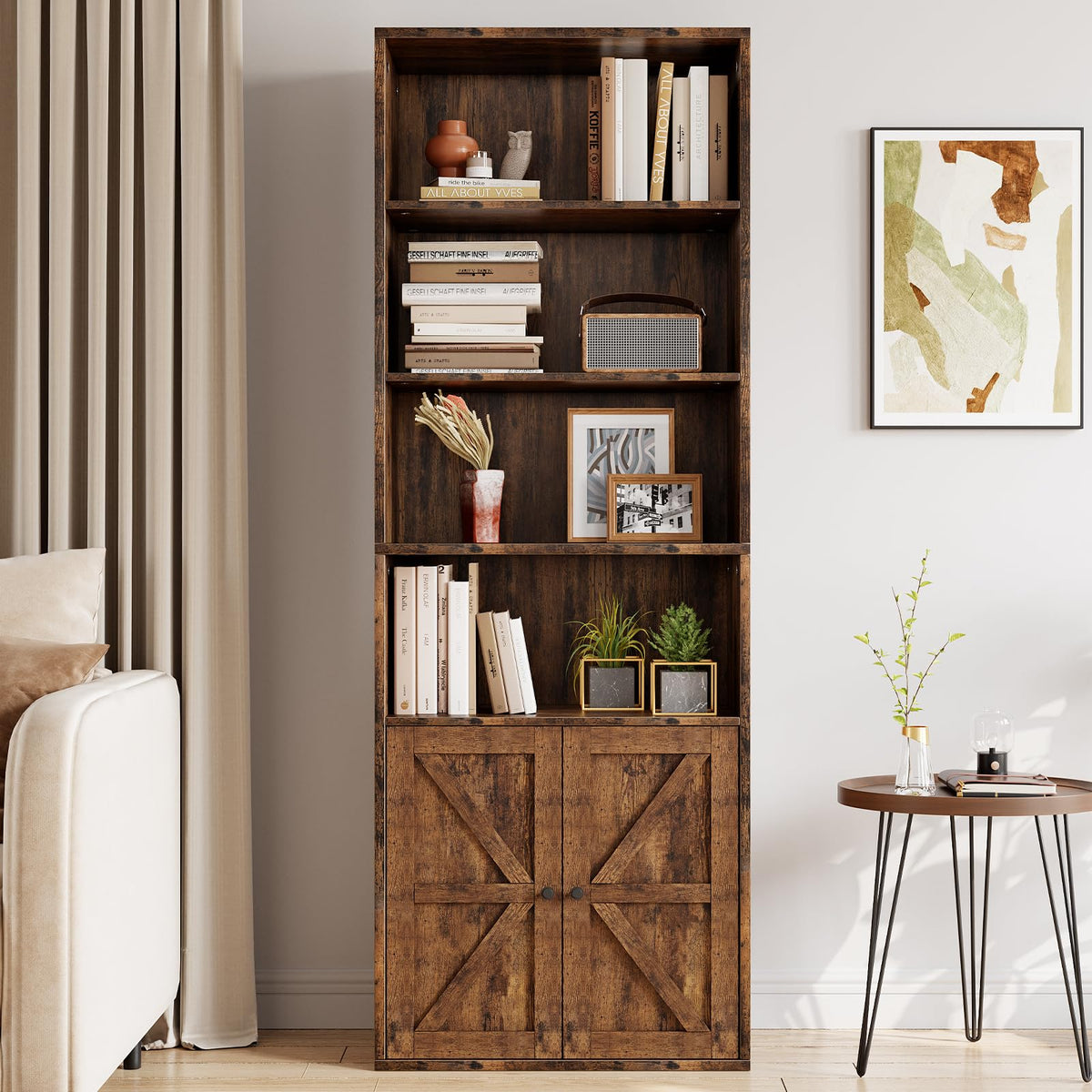 Garvee bibliothèque avec portes, style industriel, 6 étagères, profondeur 30 cm, style ferme en bois, salon, bureau, brune