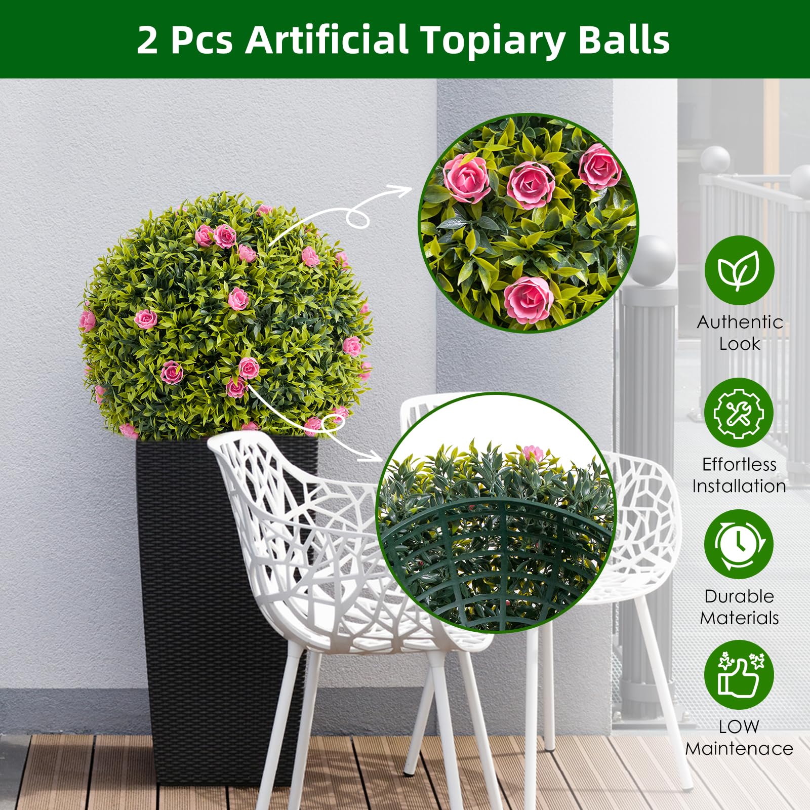 Ensemble de 4 boules de buis artificiel Garvee de 32 cm avec fleurs roses, pour balcon et jardin. Résistantes aux UV, sans entretien, en polyéthylène (PE), vert et rose.
