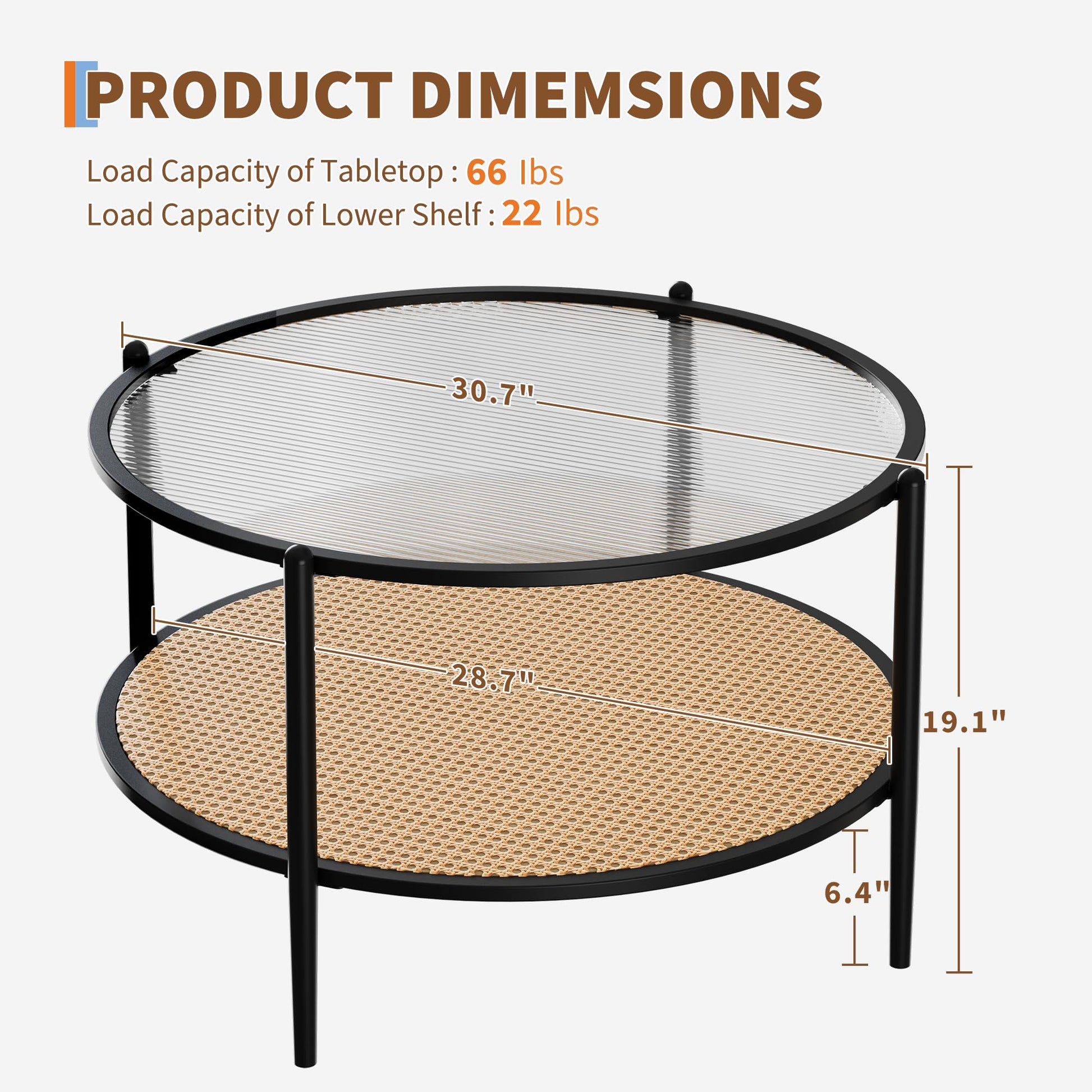Table basse Garvee 30" en rotin à 2 niveaux, structure en métal, plateau en verre effet vague, noir, pour salon et bureau, 30"