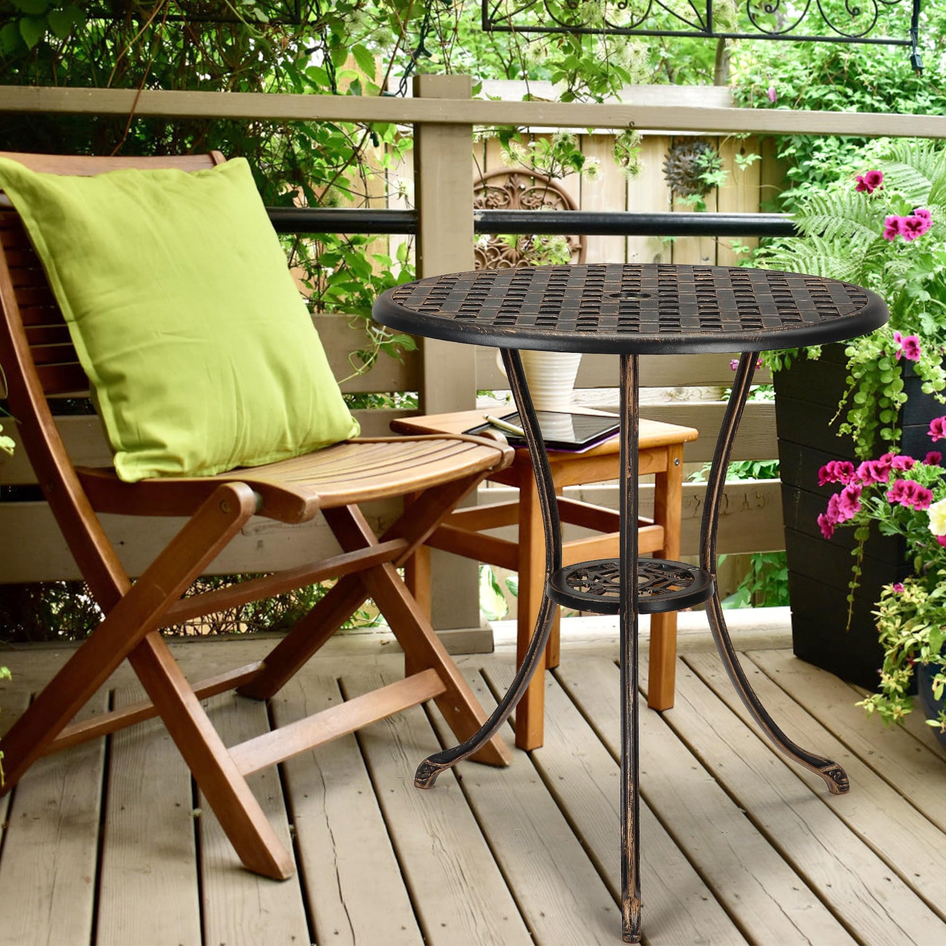Table bistro Garvee 24" en aluminium avec trou pour parasol, antirouille, bronze vieilli, idéale pour le jardin et le balcon, robuste et légère.
