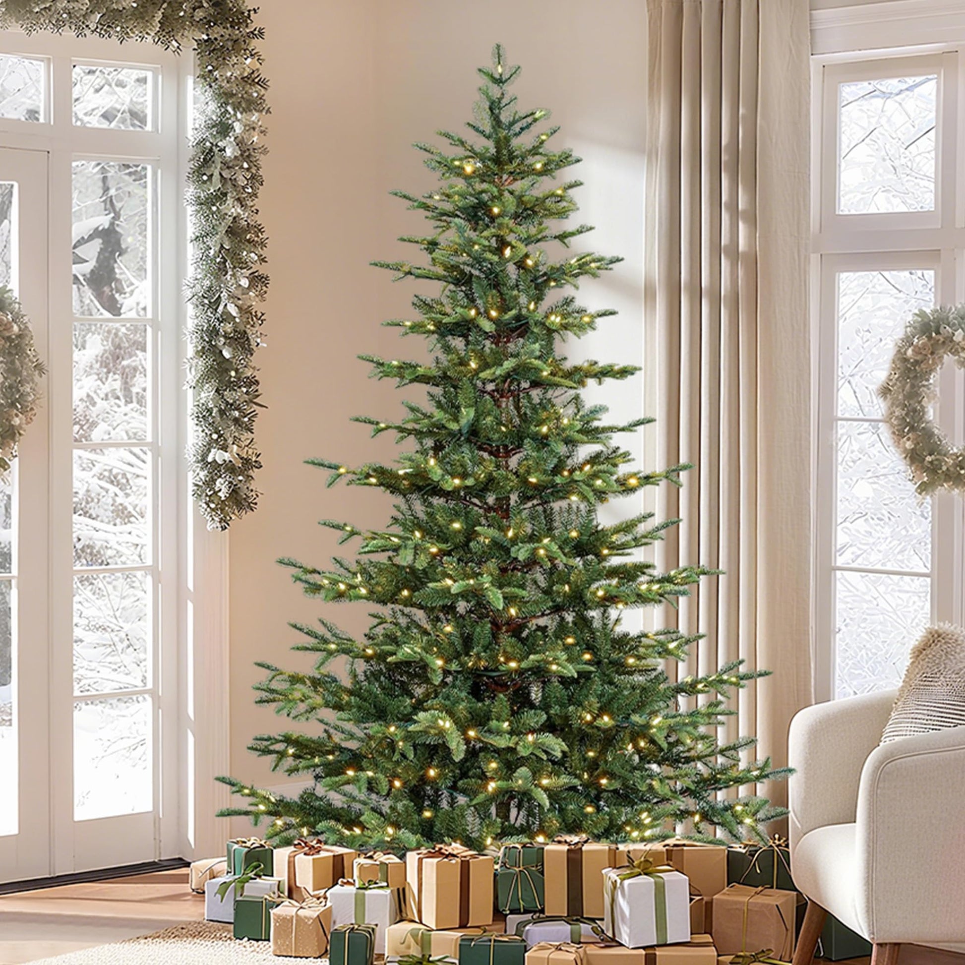 Sapin de Noël artificiel Garvee 229 cm en PE/PVC avec éclairage LED automobile haut de gamme pour salles et événements de Noël