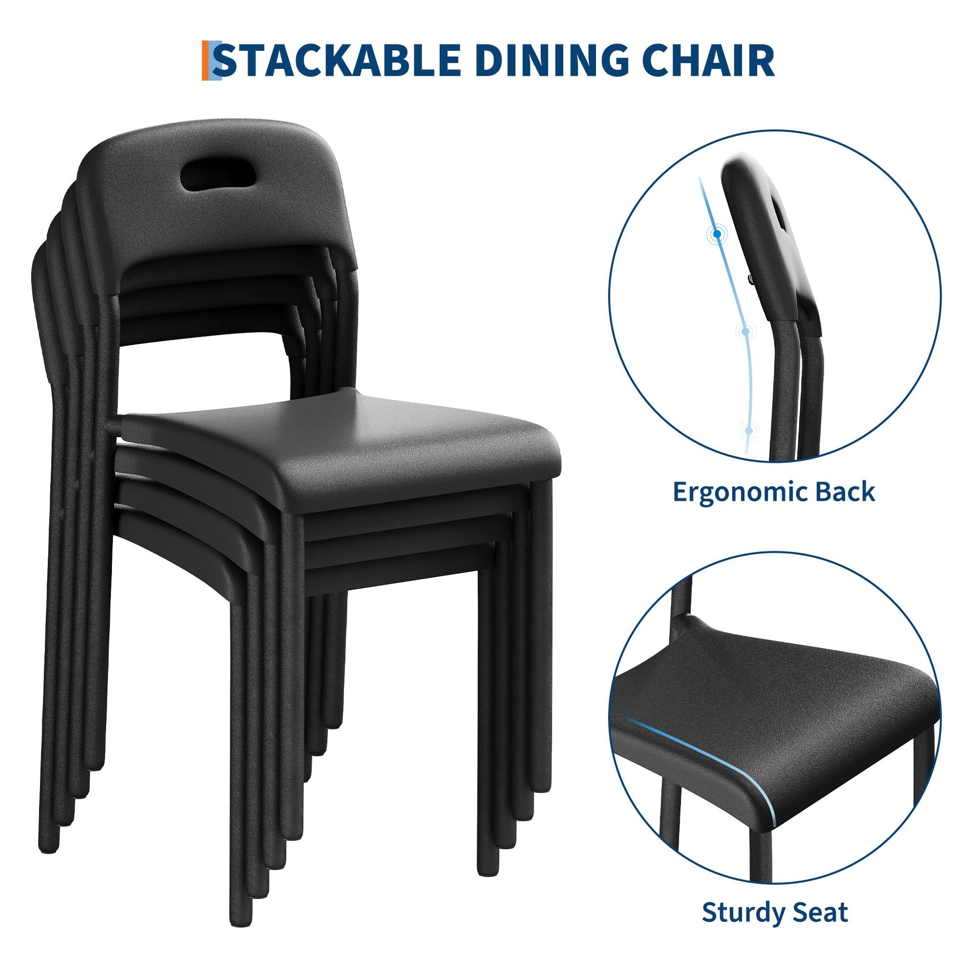 Chaises de salle à manger Garvee, lot de 4, empilables, design moderne, imperméables, pieds en métal, noires, pour usage intérieur et extérieur, 45,5 x 40 x 76,5 cm