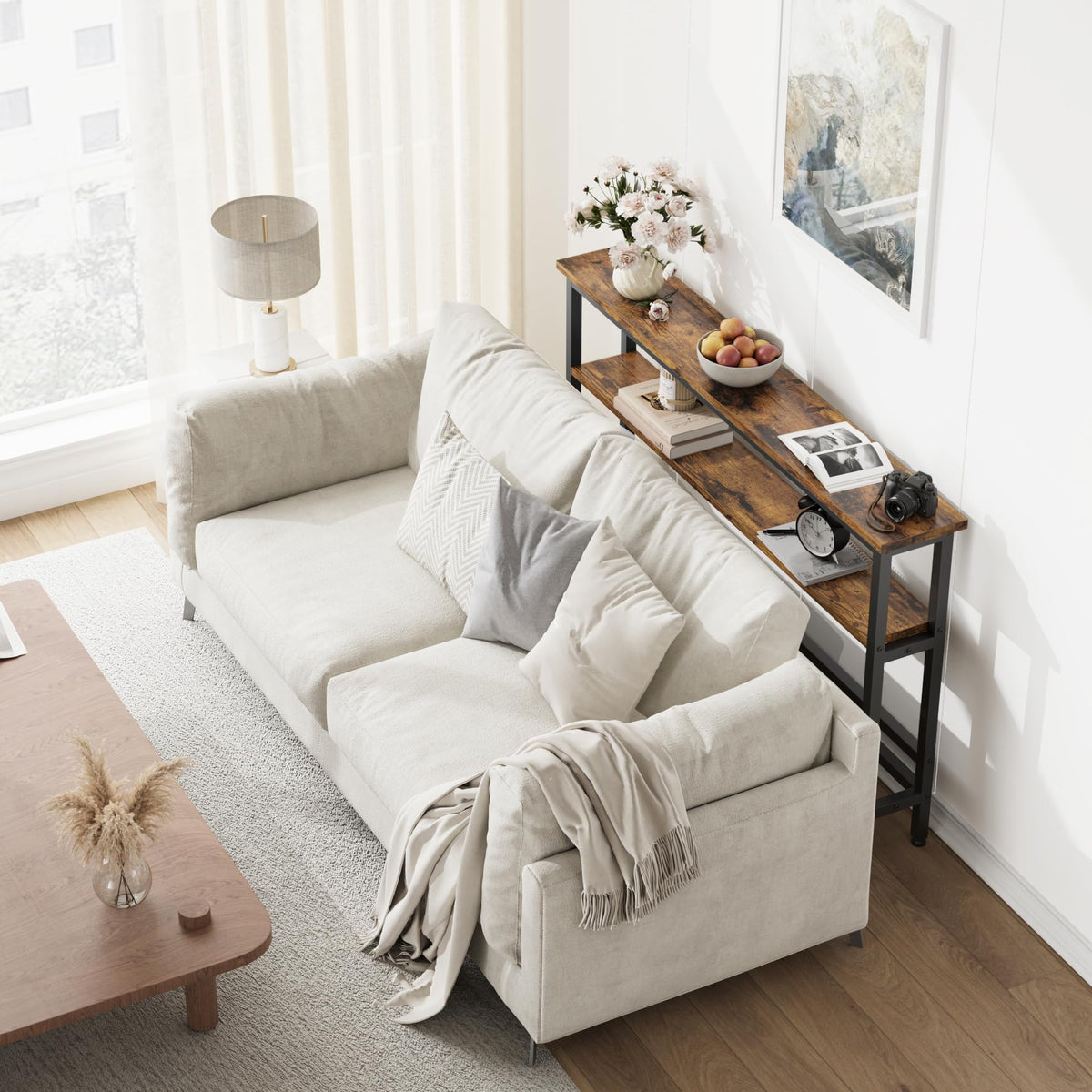 Garvee Console étroite 15 cm, table de canapé 2 niveaux avec étagère réglable, idéale salon, entrée et couloir, marron rustique