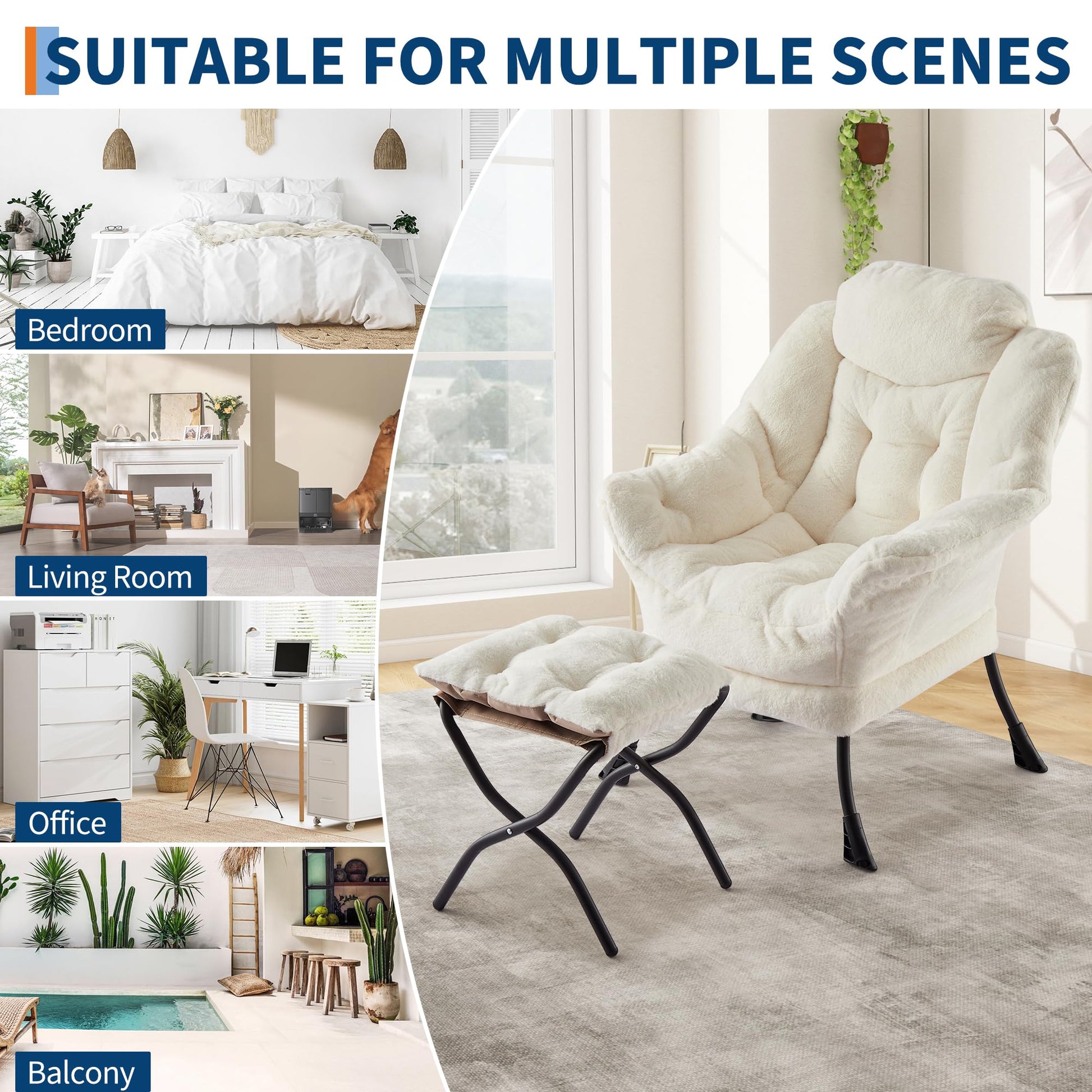 Fauteuil relax Garvee avec repose-pieds, ergonomique, durable, blanc, pour salon, bureau, confortable