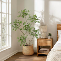 Plante Nandina artificielle Garvee de 1,5 m avec pot en céramique grise, idéale pour la décoration intérieure du salon ou du bureau. Entretien facile, feuilles réalistes.