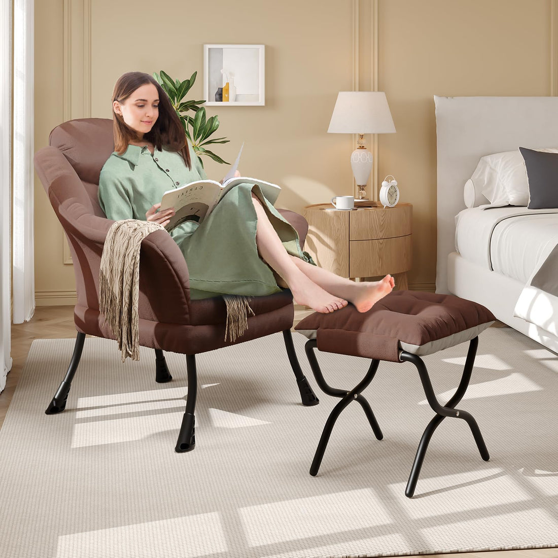 Garvee Fauteuil de lecture ergonomique fauteuil lounge avec repose-pieds, pliable, garnissage en coton PP, housse amovible et lavable, design moderne et confortable, gris