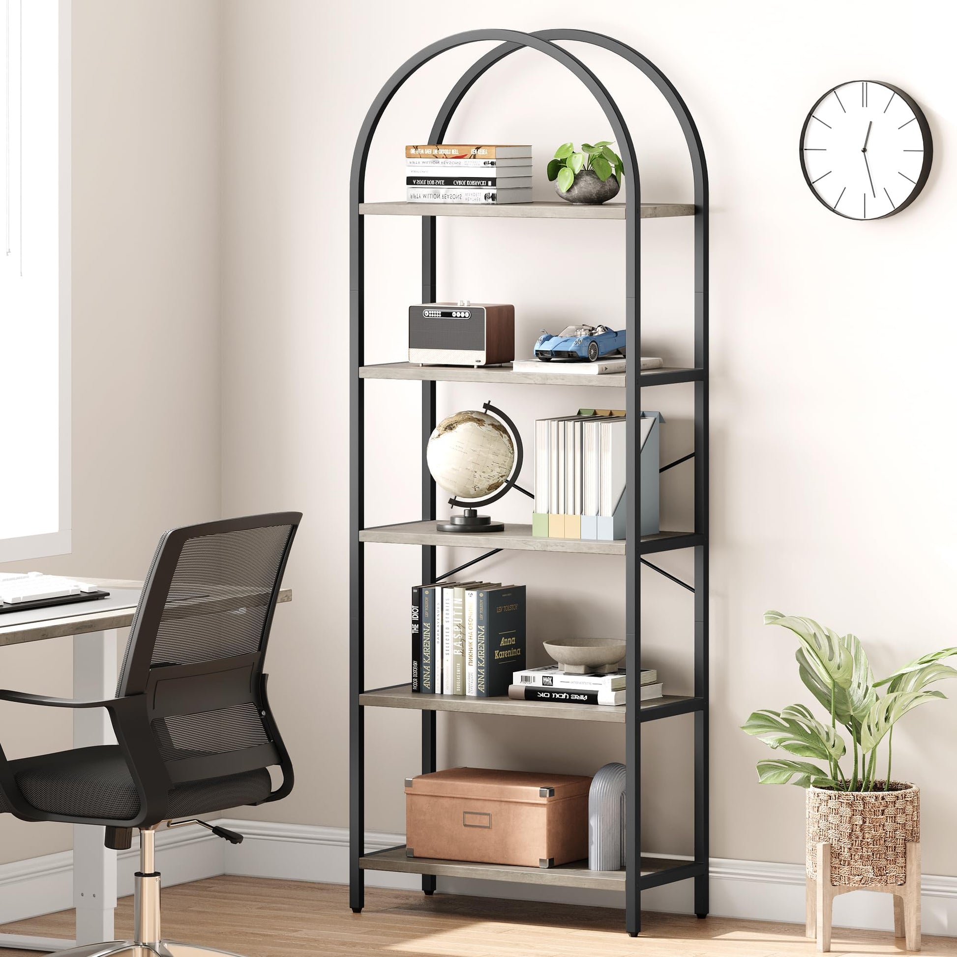 Garvee Bibliothèque arquée à 5 niveaux, 180cm, étagère industrielle en métal gris pour salon, bureau ou chambre
