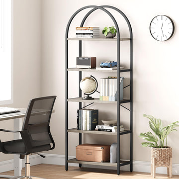 Garvee Bibliothèque arquée à 5 niveaux, 180cm, étagère industrielle en métal gris pour salon, bureau ou chambre