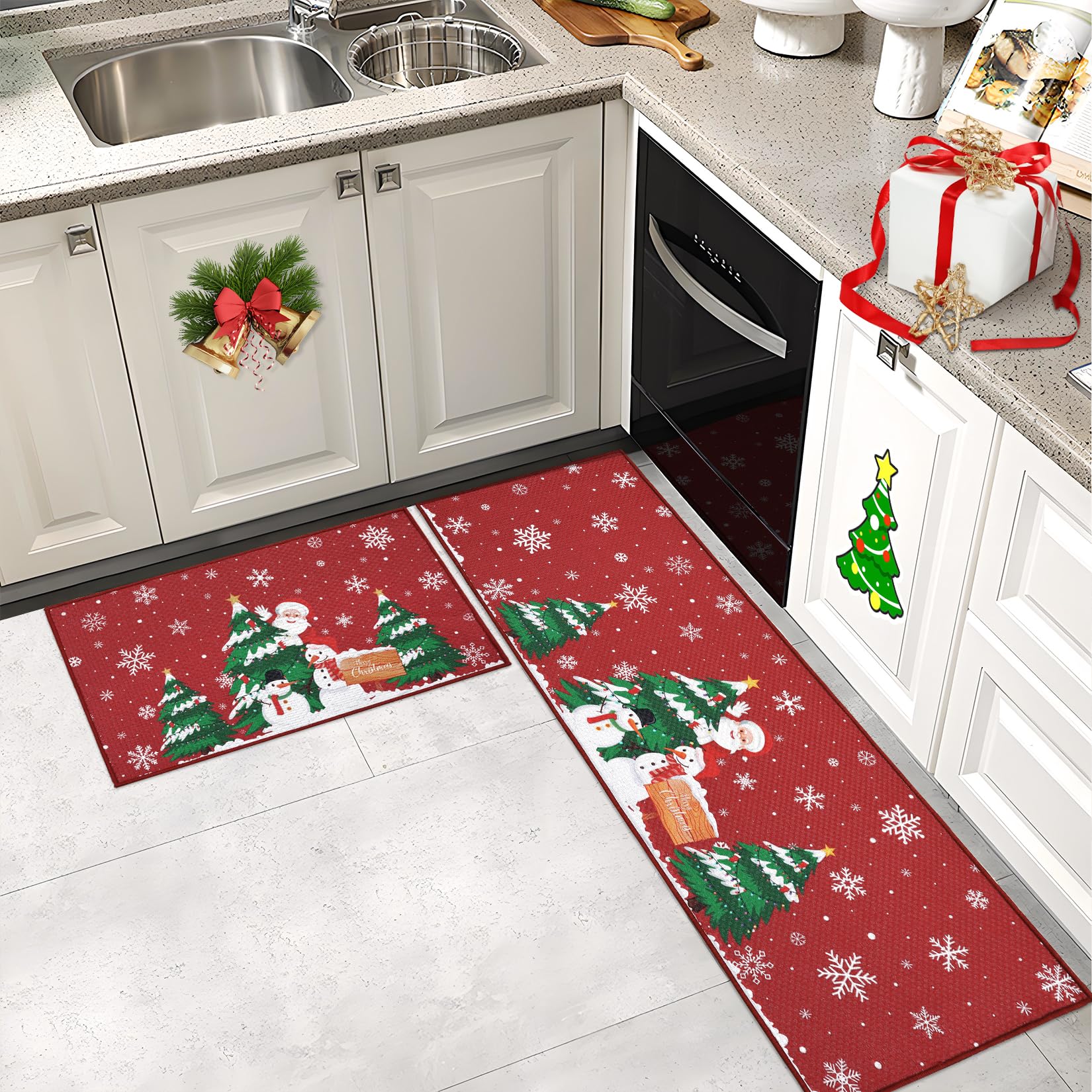 Tapis de cuisine de Noël Garvee Père Noël, lot de 2, antidérapant, pour cuisine, bureau et buanderie, 40 x 60 cm + 40 x 120 cm