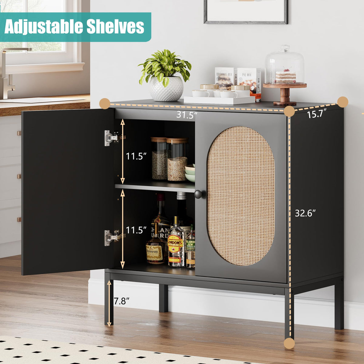 Garvee buffet en rotin tressé à la main, avec portes et étagères, en MDF noir, pour le salon et la salle à manger, 80 × 40 × 83 cm, noir