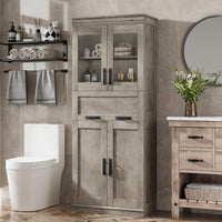 Garvee meuble de salle de bain de 170 cm de haut avec portes vitrées, étagères réglables, tiroir, MDF, autoportant, gris, pour salle de bain et salon
