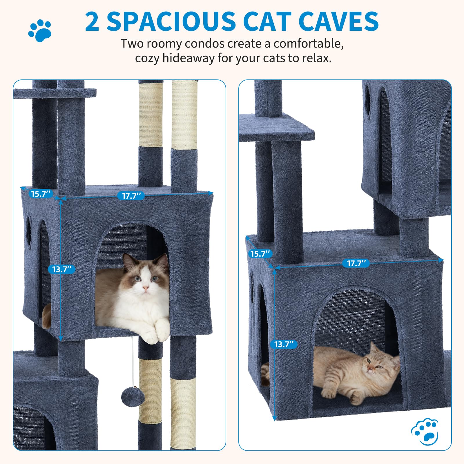 Garvee Arbre à Chat 155 cm Multi-Niveaux pour Grands Chats, Grande Plateforme, 2 Niches Spacieuses, Sisal Naturel, Jouets Suspendus, Intérieur