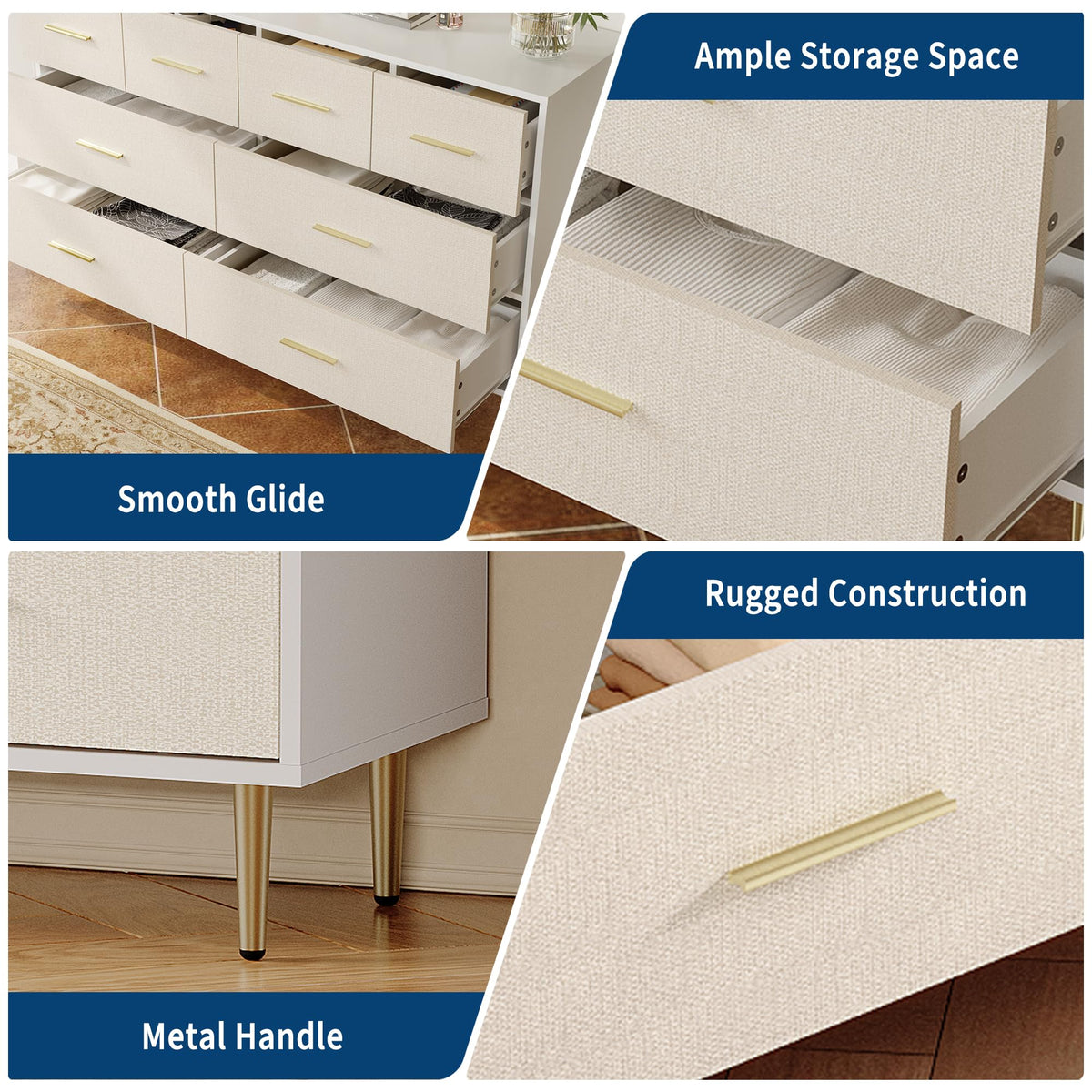 Commode Garvee blanche à 5 tiroirs avec poignées et pieds en métal doré, étroite, en bois, design moderne, idéale pour la chambre et l'entrée.