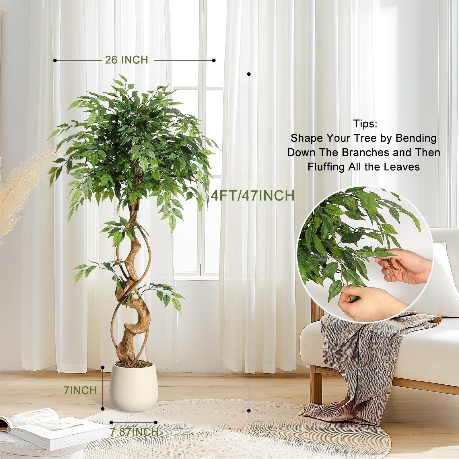 Ficus artificiel Garvee de 120 cm avec tronc courbé, plus de 756 feuilles en soie, pot blanc, branches ajustables pour la décoration de la maison et du bureau