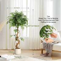 Ficus artificiel Garvee de 120 cm avec tronc courbé, plus de 756 feuilles en soie, pot blanc, branches ajustables pour la décoration de la maison et du bureau