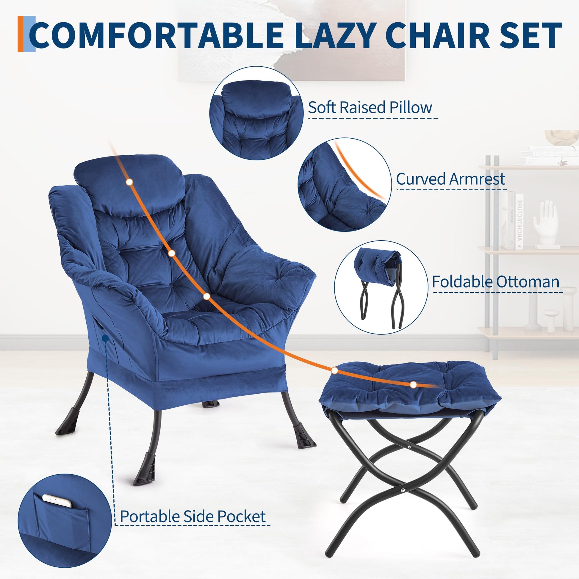 Fauteuil relax Garvee avec ottoman, repose-pieds pliable, structure en acier, ergonomique, bleu foncé, pour salon et bureau