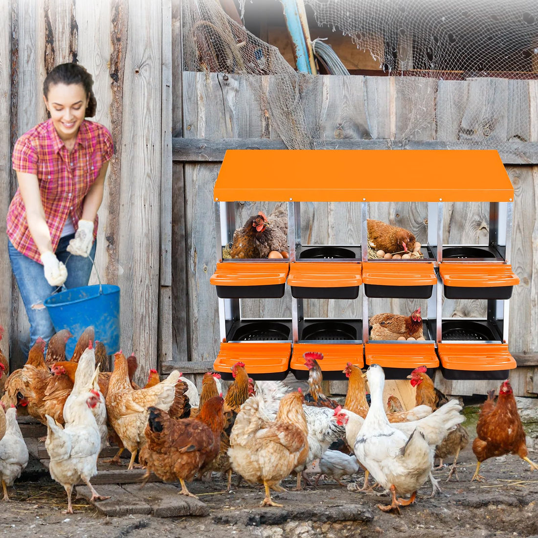 Garvee Pondoir à poules orange 8 compartiments sans pieds, acier galvanisé, ventilation et système de collecte des œufs, pour poulailler