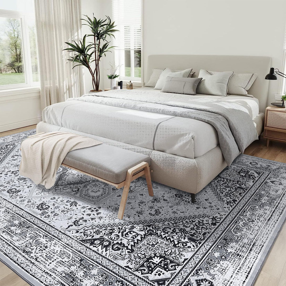 Tapis tribal persan GARVEE 200x290cm gris, lavable, antidérapant, doux, grand format, imprimé, non pelucheux, salon et chambre