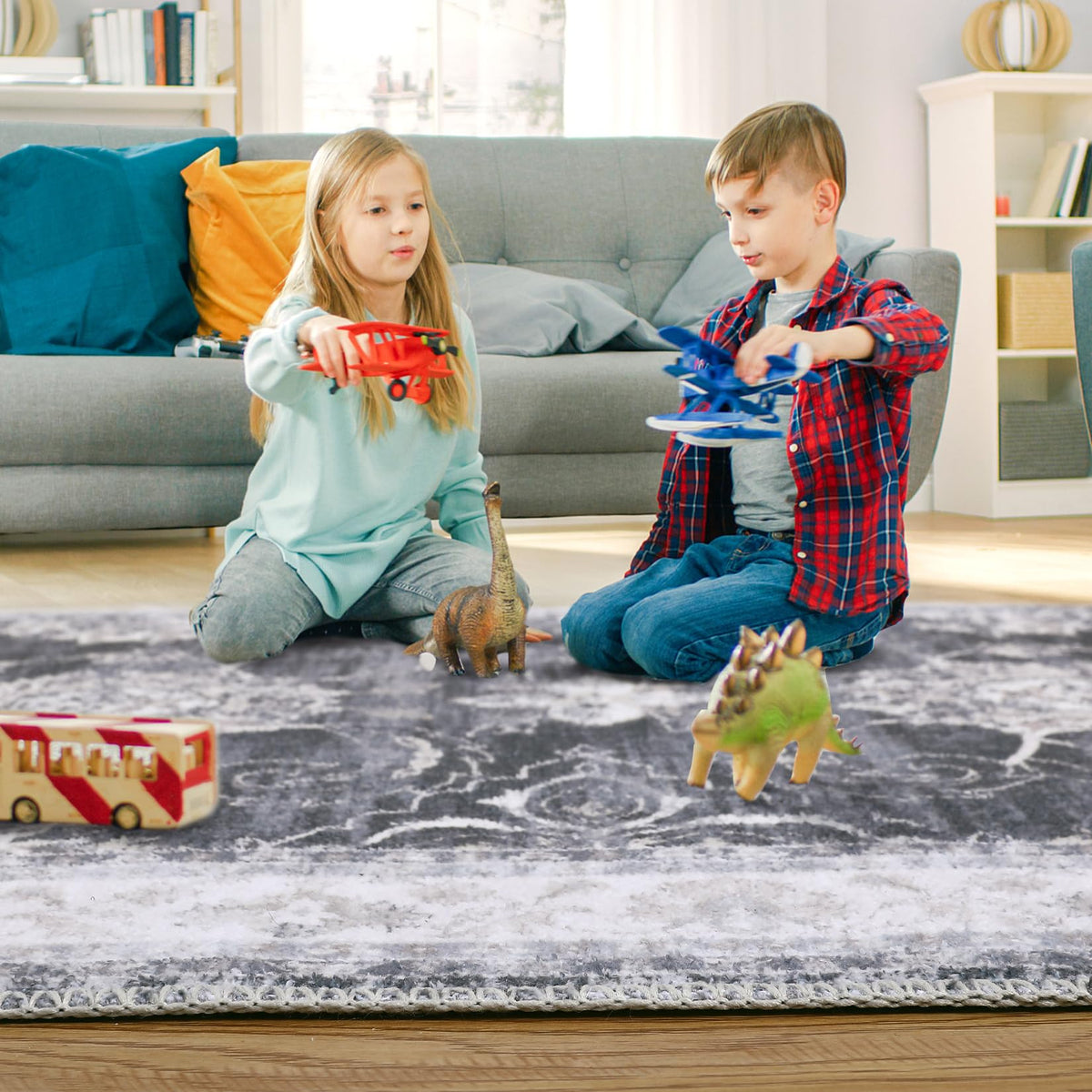 Tapis vintage Garvee, grand format 200 x 290 cm, résistant à l'eau et aux taches, antidérapant, motif poules, gris foncé, lavable en machine, intérieur et extérieur.
