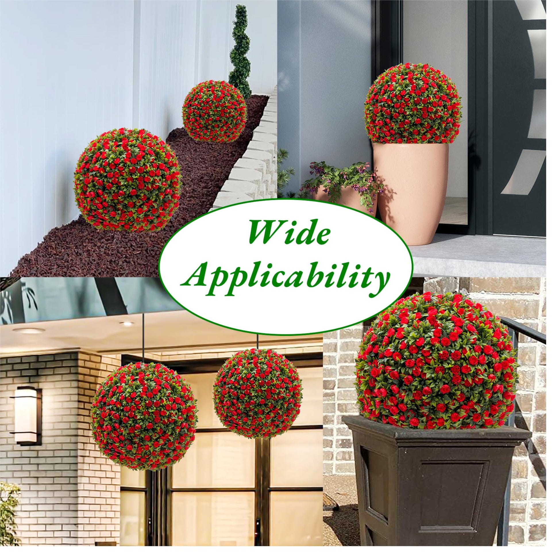 Garvee Lot de 2 Boules de Buis Artificielles 45 cm avec Fleurs, PE Résistant aux UV, pour Mariage et Balcon, Vert Rouge Blanc