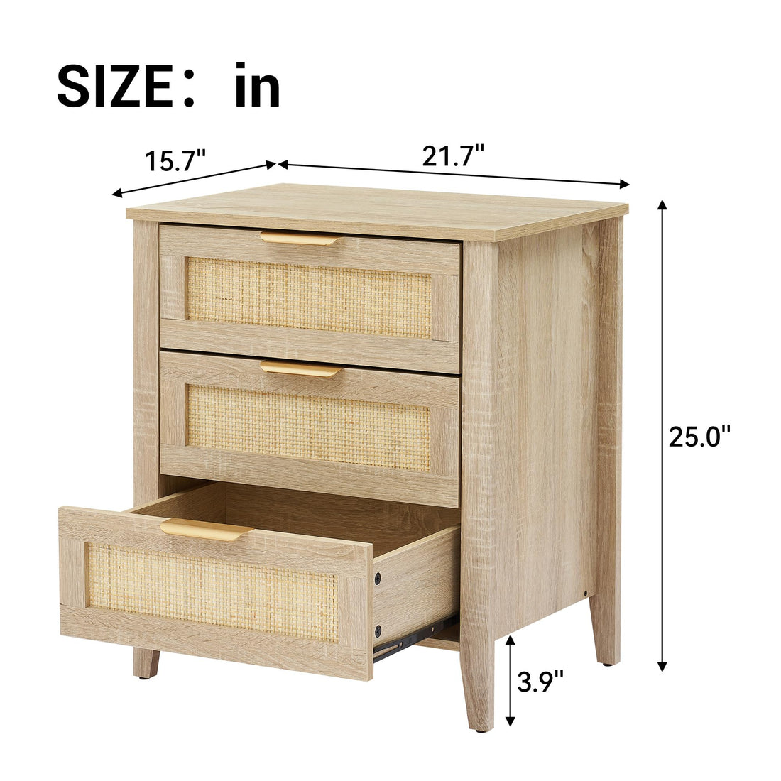 Garvee Table de chevet en rotin avec 3 tiroirs en osier naturel, structure en bois robuste pour chambre et salon, style moderne et polyvalent, Chêne