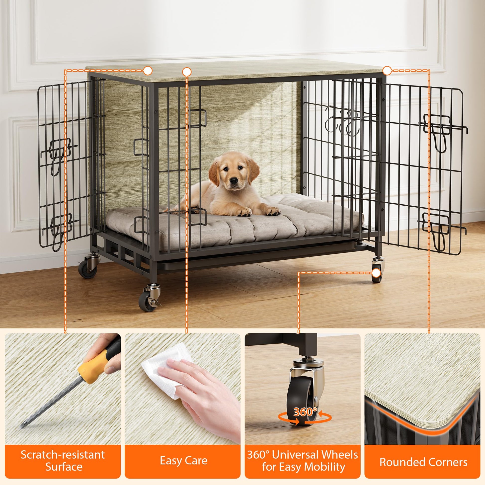 Cage pour chien Garvee 69 cm en bois avec roulettes et double porte, pour chiens de petite et moyenne taille, intérieur gris rustique