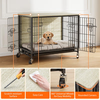 Cage pour chien Garvee 69 cm en bois avec roulettes et double porte, pour chiens de petite et moyenne taille, intérieur gris rustique