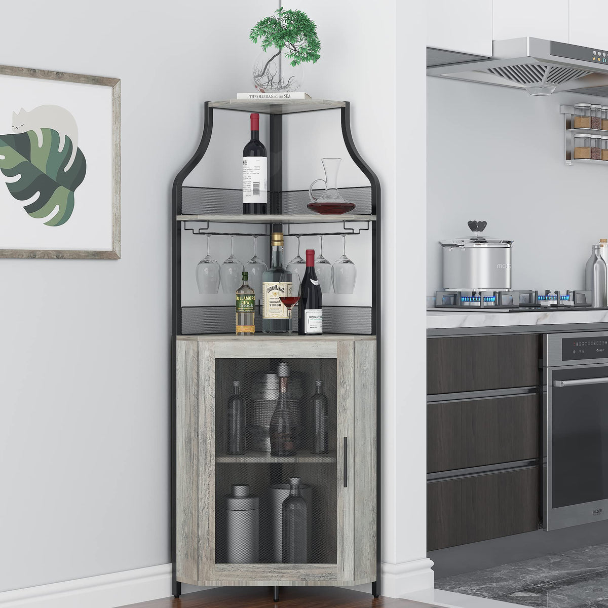 Garvee Meuble de rangement d'angle à 5 niveaux, étagères réglables, MDF et métal, porte coulissante de style grange, gris, pour cuisine et salle à manger, 47 × 45 × 154 cm