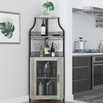 Garvee Meuble de rangement d'angle à 5 niveaux, étagères réglables, MDF et métal, porte coulissante de style grange, gris, pour cuisine et salle à manger, 47 × 45 × 154 cm