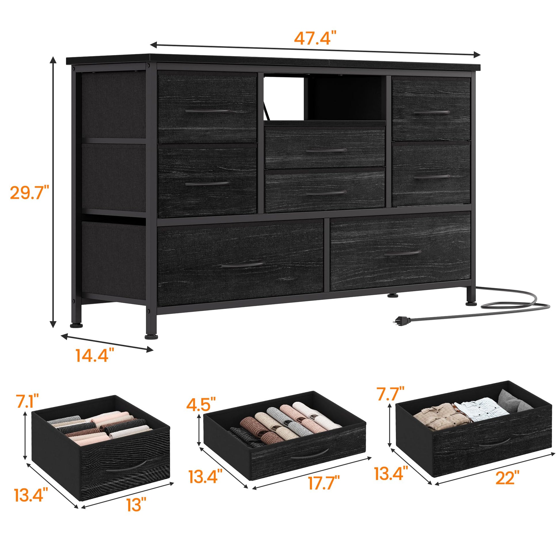 Meuble TV Garvee à 8 tiroirs avec éclairage LED et prise électrique pour salon et chambre, en MDF, éclairage RGB, grand espace de rangement, gestion des câbles, blanc
