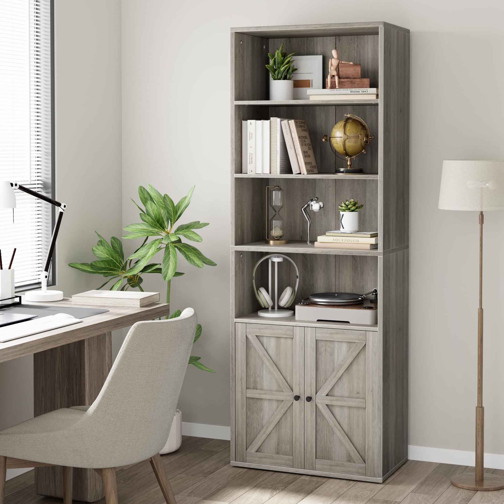 Garvee bibliothèque avec portes, style industriel, 6 étagères, design campagnard, bois, profondeur 30 cm, blanche, pour salon, bureau, chambre