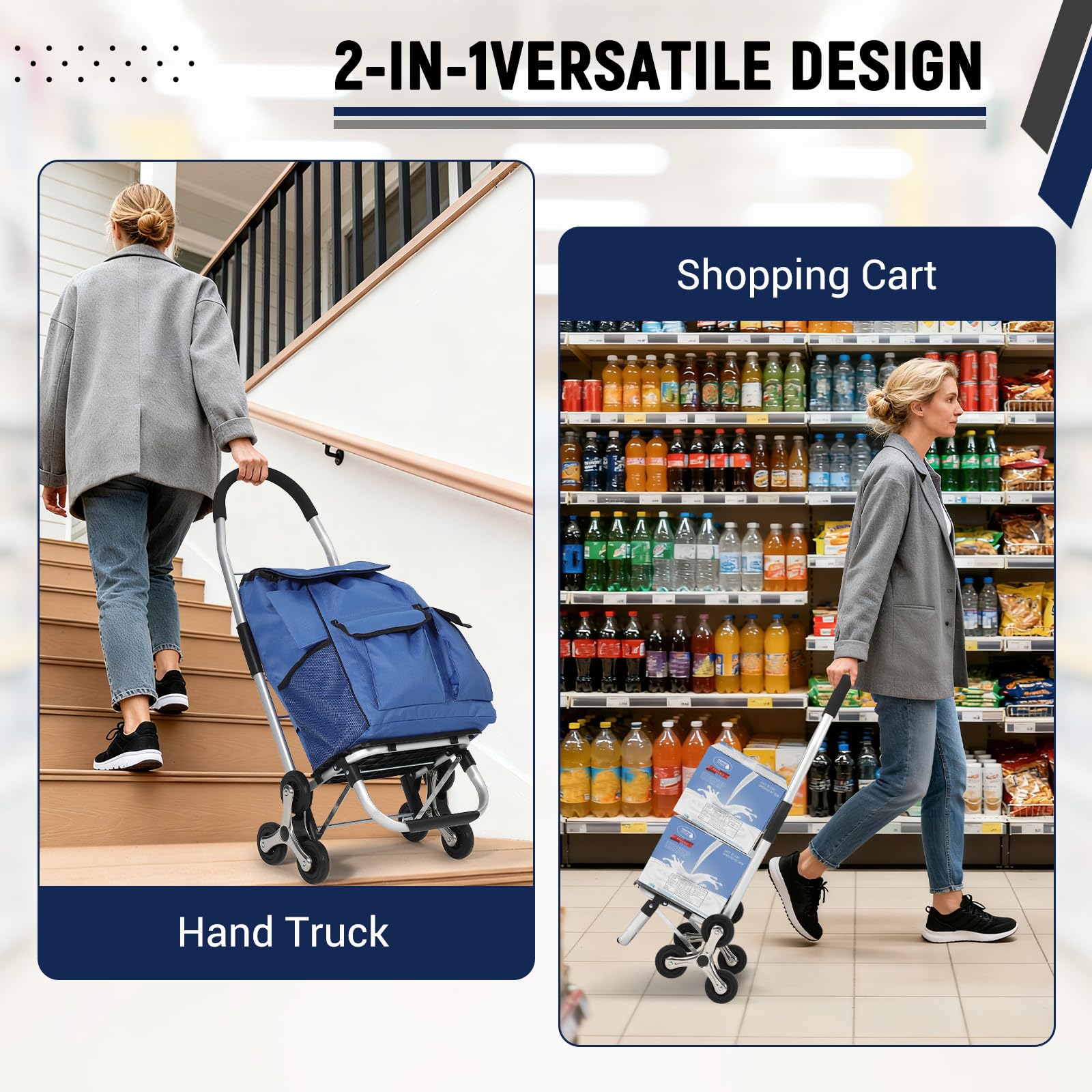 Chariot de courses pliable 3 en 1 Garvee avec monte-escalier à 6 roues, sac en tissu Oxford de 36 L, léger et ergonomique, idéal pour les courses et le jardin, capacité de charge de 80 kg, noir