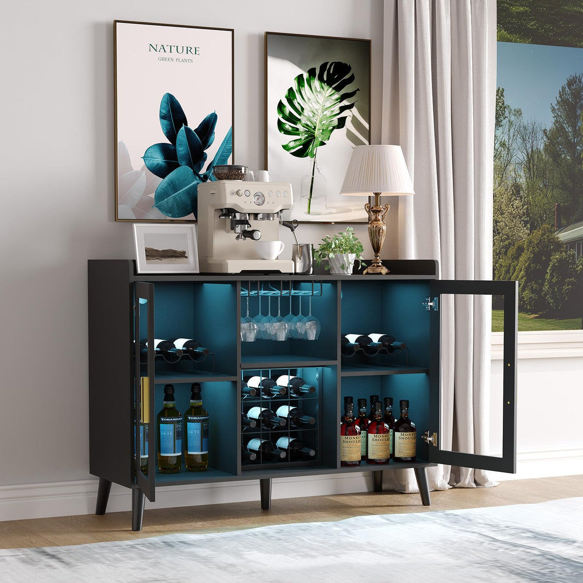 Garvee Meuble bar à vin autoportant avec casier à bouteilles et éclairage LED pour salon et salle à manger, étagère en bois et verre de 120 cm