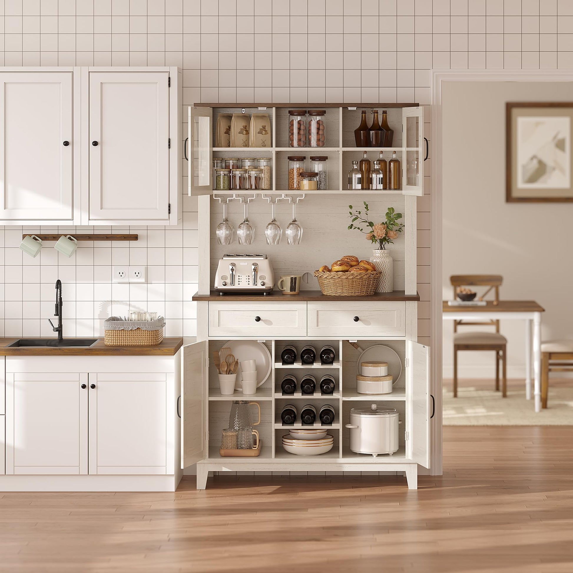 Meuble de cuisine Garvee de 183 cm de haut avec 4 portes, casier à vin, tiroirs, blanc, salle à manger, coin café, bois, étagères réglables