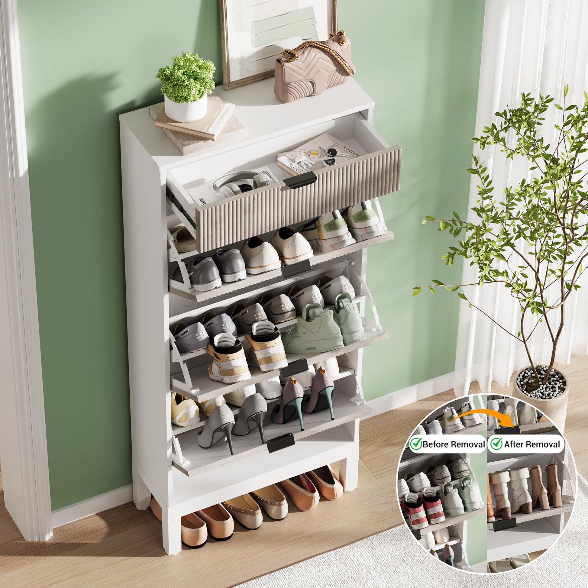 Meuble à chaussures Garvee avec 3 portes à charnières et 1 tiroir, en bois, design moderne, pieds en fer, idéal pour un couloir ou une entrée, fin, marron