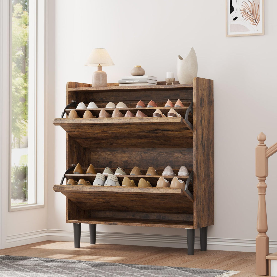 Garvee Meuble à chaussures 2 tiroirs abattants, MDF brun rustique, 87,6×26,7×95,2cm, étagères réglables pour entrée et salon