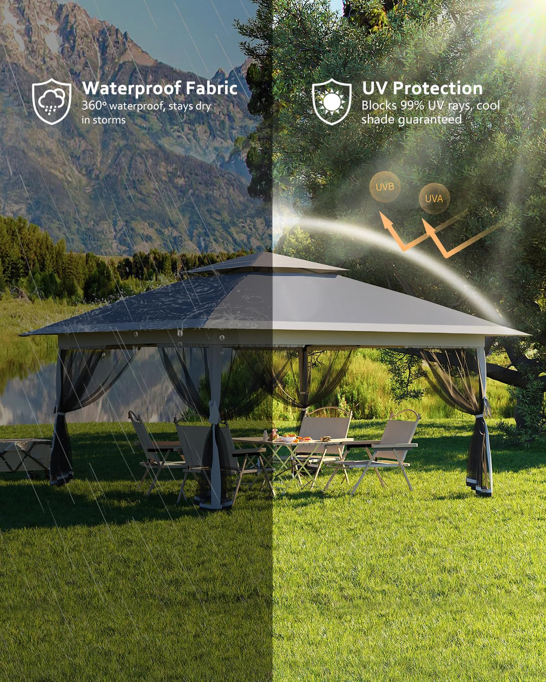 Garvee Tonnelle Pliante 3,65x3,65m avec Auvent Rétractable, Moustiquaire, Structure Acier, Hauteur Réglable, Imperméable, gris Foncé et gris Clair