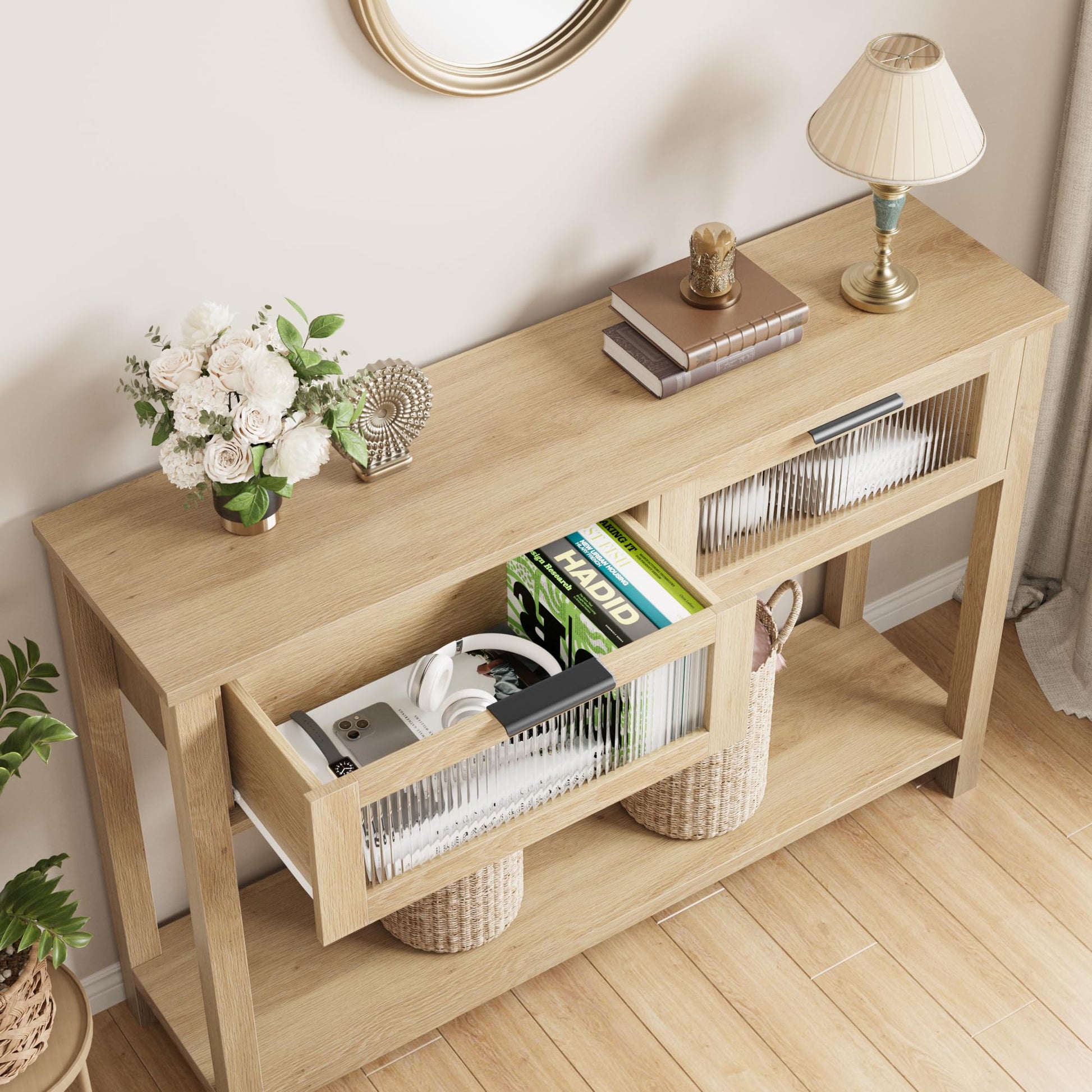 Garvee Console en MDF Bois naturel avec 2 Tiroirs à Façades en Verre, L. 110 × P. 30 × H. 80 cm, Meuble de Rangement pour Salon et Entrée
