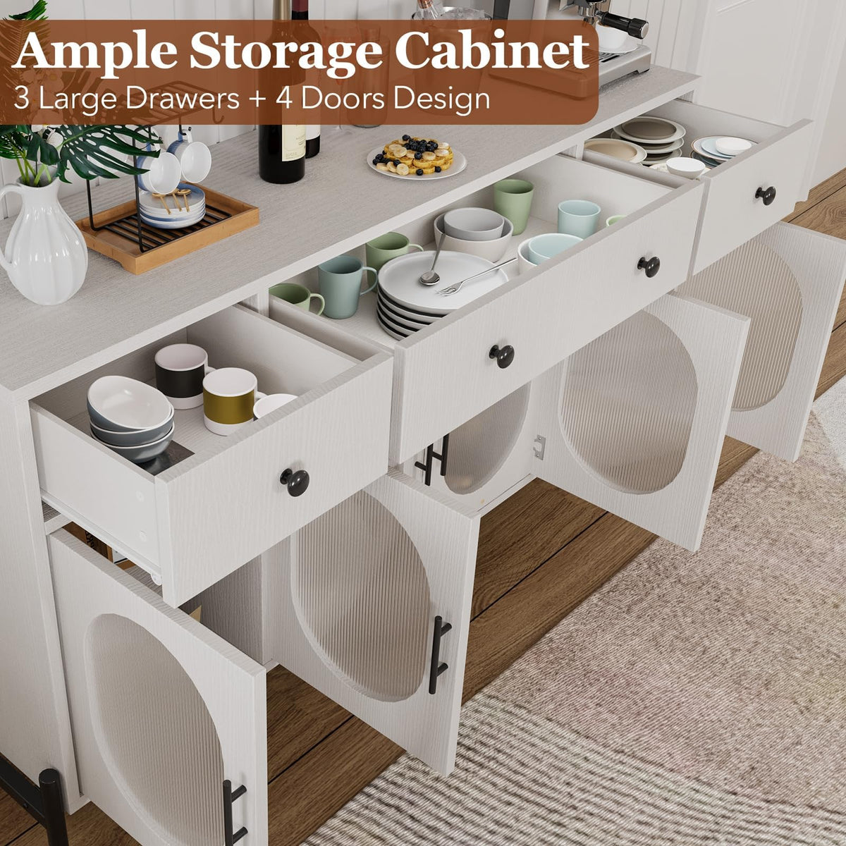 Buffet Garvee 62'' avec rangement, 3 tiroirs, 4 portes vitrées cannelées pour cuisine et salle à manger, bois et métal, robuste et polyvalent