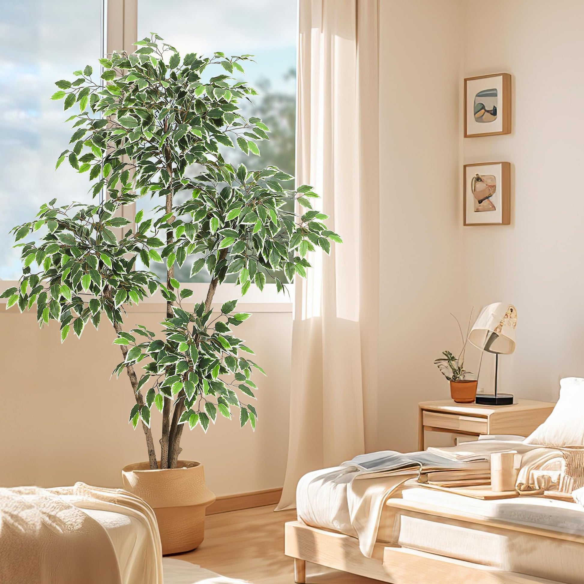 Ficus artificiel Garvee de 1,83 m (6 pi) avec 4 troncs, grand pot blanc pour salon et bureau, 180 cm x 105 cm (70,8 po x 41,3 po).