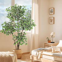 Ficus artificiel Garvee de 1,83 m (6 pi) avec 4 troncs, grand pot blanc pour salon et bureau, 180 cm x 105 cm (70,8 po x 41,3 po).