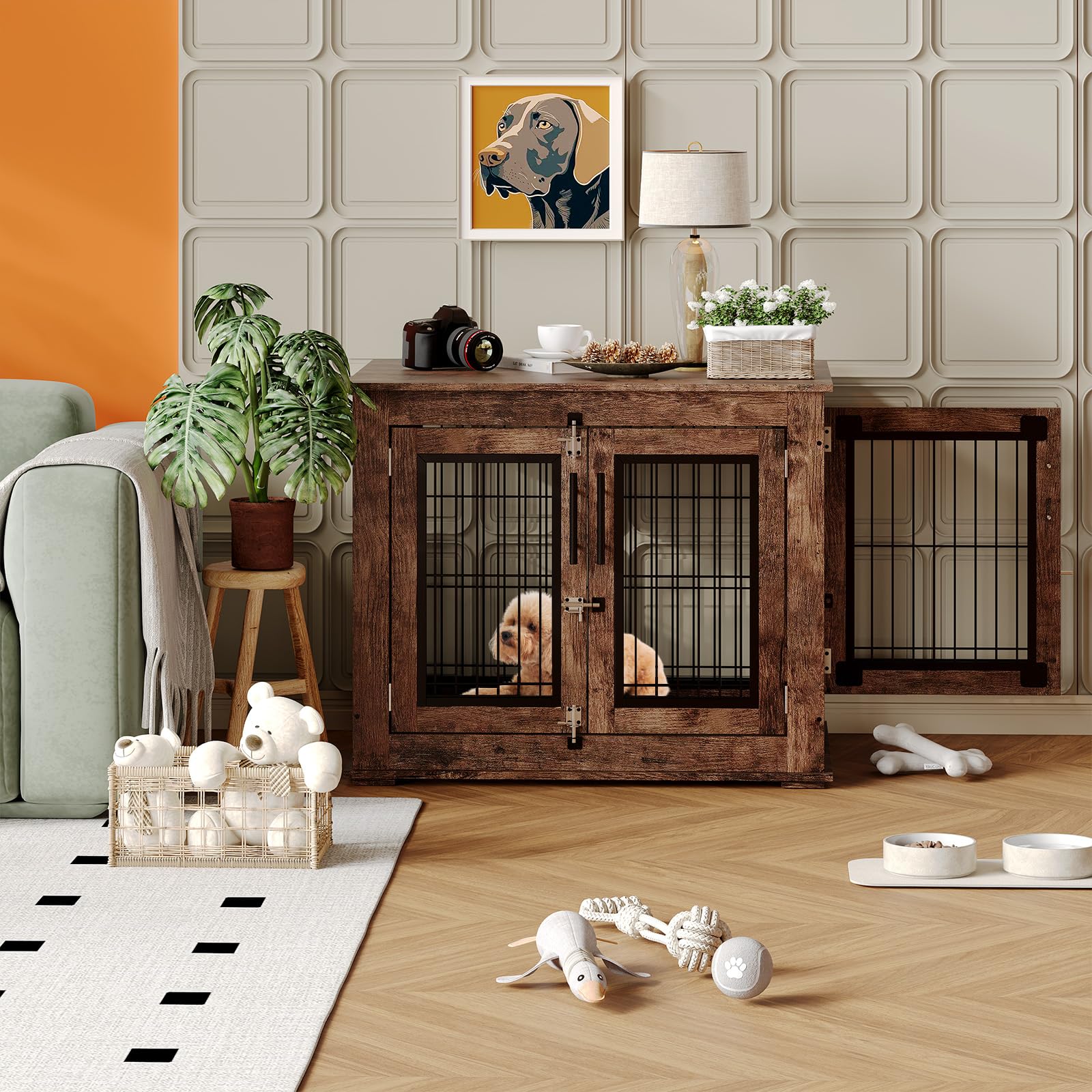Garvee Cage pour chien style farmhouse taille moyenne, meuble d’appoint en bois robuste avec doubles portes, niche intérieure anti-mordillage pour petit/moyen chien, salon
