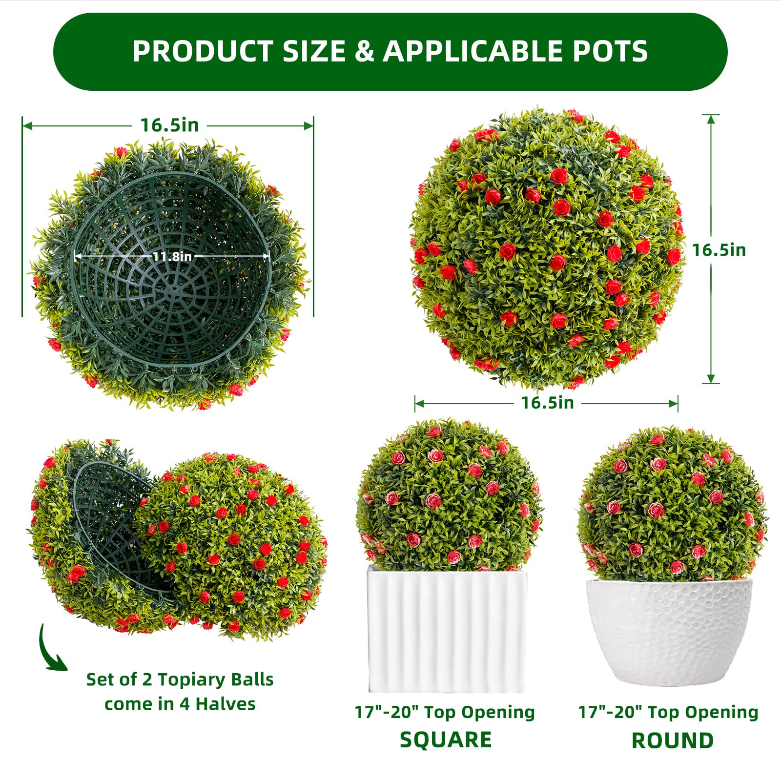 Boule de buis artificiel Garvee 42 cm avec fleurs rouges, résistante aux intempéries, facile d'entretien, en polyéthylène, idéale pour balcon et jardin.