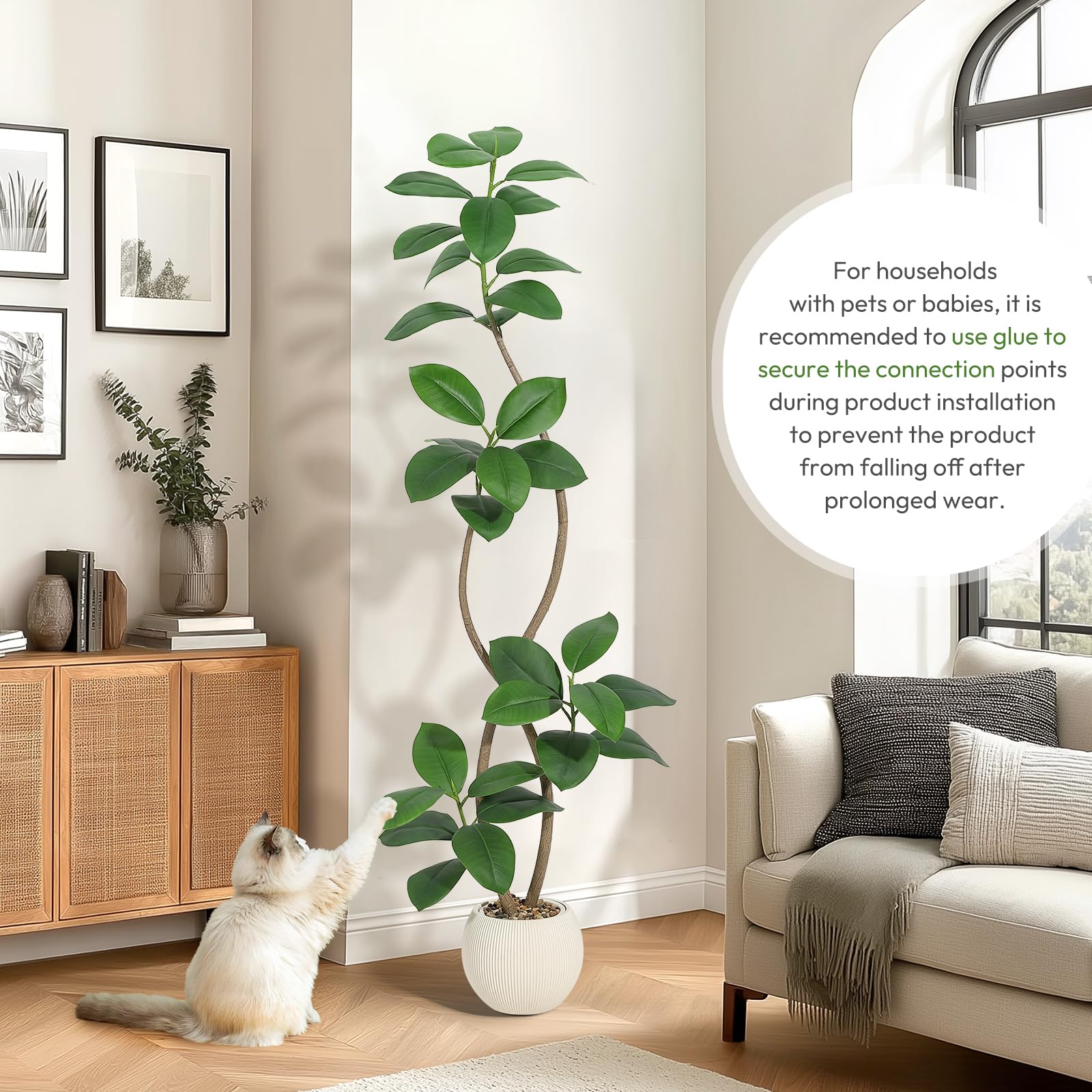 Garvee Arbre artificiel chêne vert 180 cm, pot crème, feuilles réalistes, base stable, résistant aux UV, décoration intérieure bureau